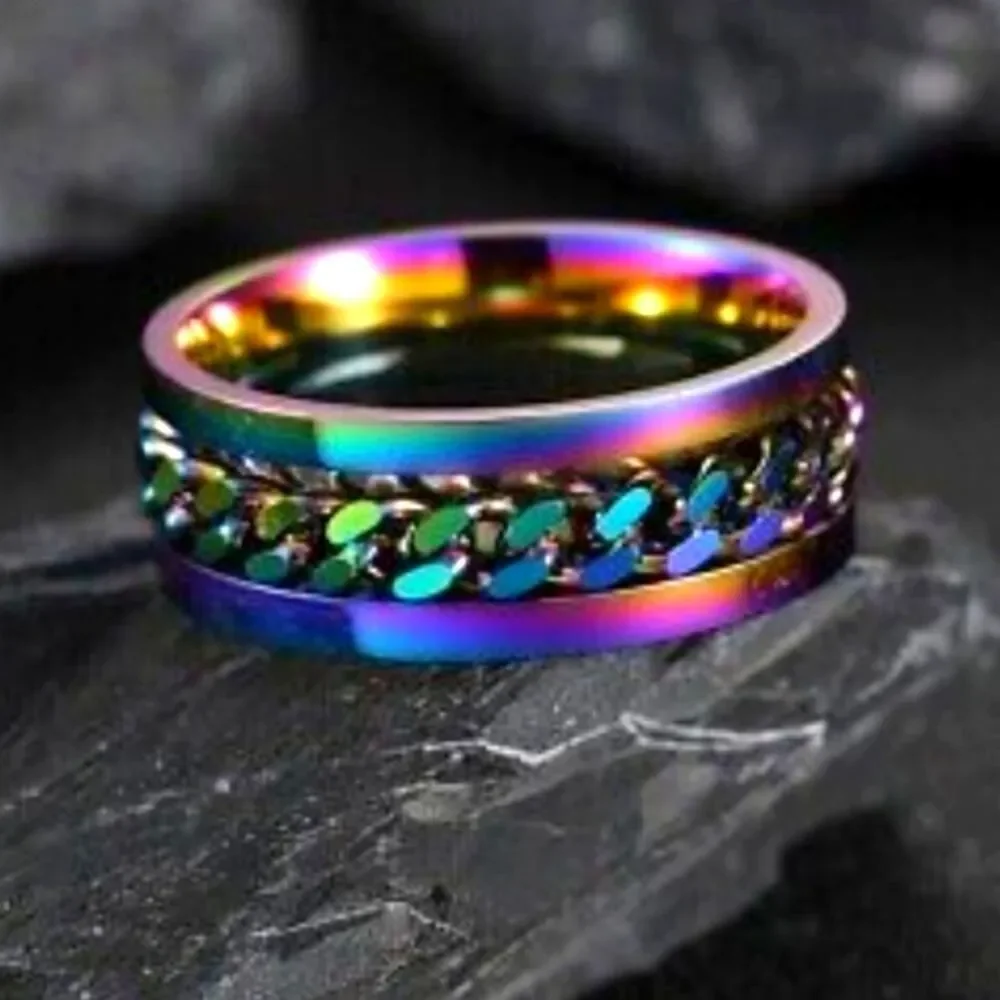 Men / Women / Unisex SPINNER Titanium Polished Rainbow Silver Ring Rainbow Chain